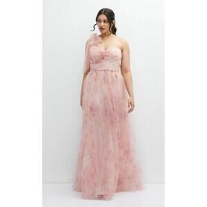 Dessy Collection NWT Tulle One Shoulder Scarf Maxi Dress Size 18 R Pink Wedding